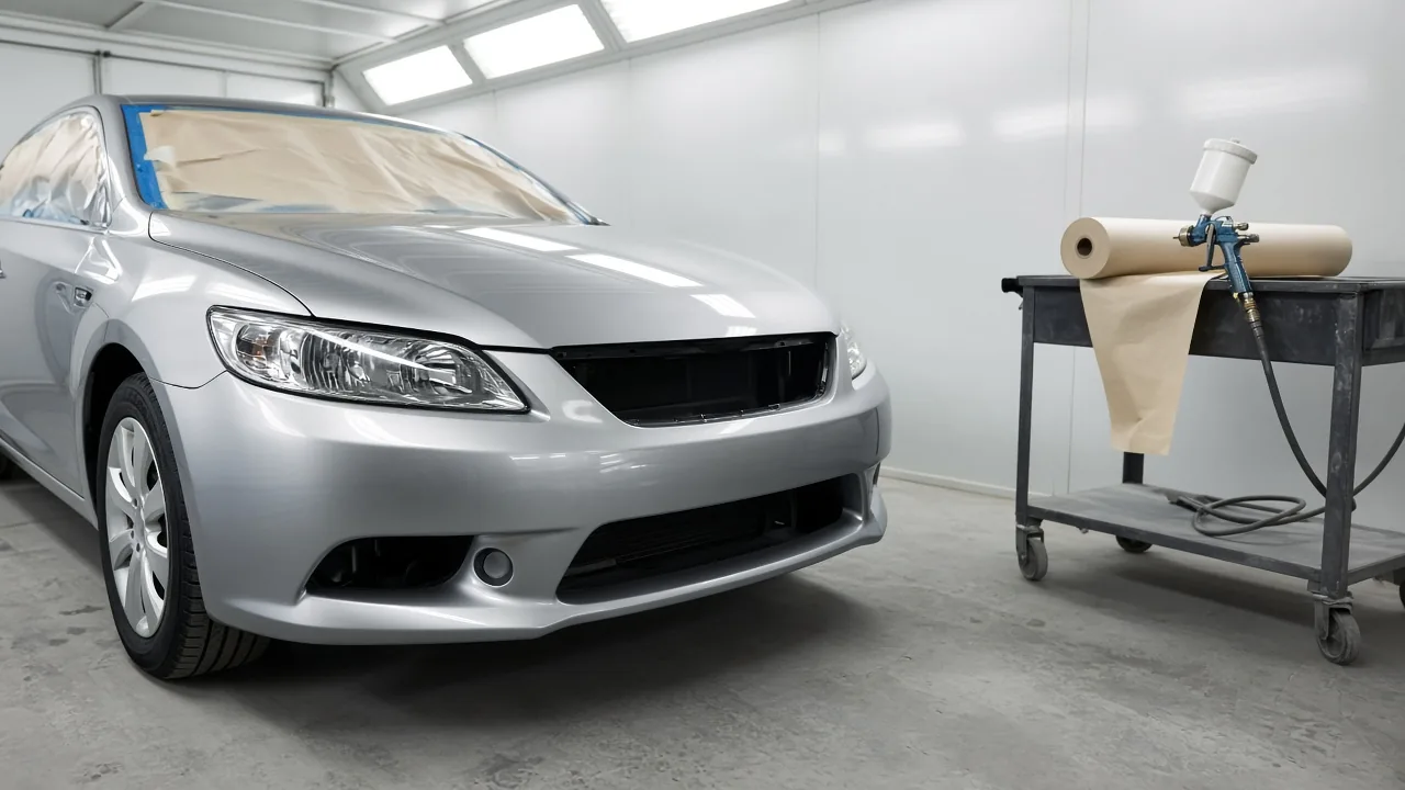 A silver sedan with a freshly painted front bumper in a bright paint booth next to a cart with masking paper and a spray gun